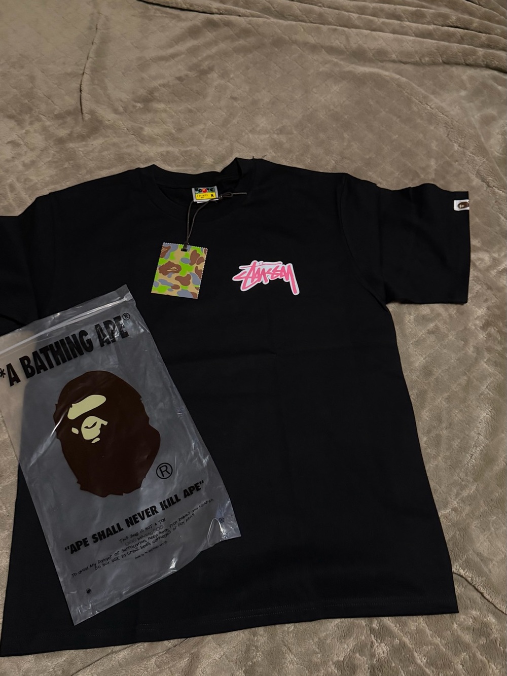 Stussy Black Short-Sleeve Tee with Pink Logo